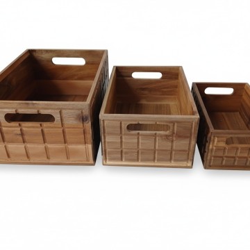 Checked Acacia Wood Storage Bins with Integrated Handles - Versatile Home & Office Organizers
